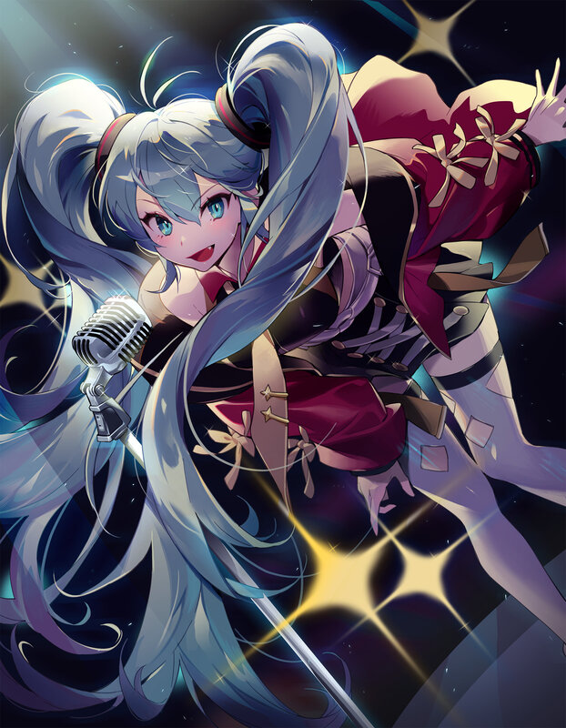Anime Girl with Microphone — Blue, Dramatic, Night, Digital Art, Stage Lights, Long Hair