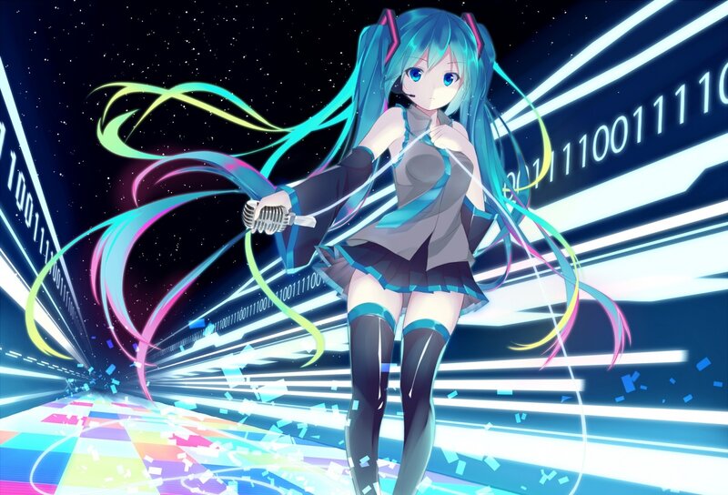Anime Girl with Microphone — Blue, Dynamic, Night, Digital Art