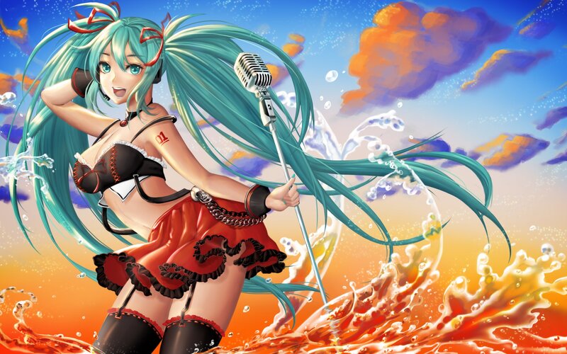 Anime Girl with Microphone — Blue, Dynamic, Sunset