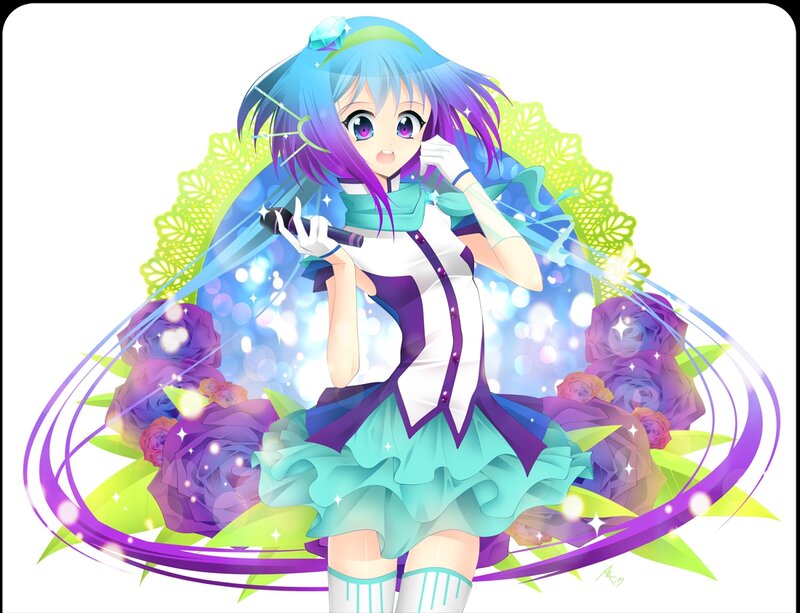 Anime Girl with Microphone — Blue, Energetic, Digital Art, Flowers