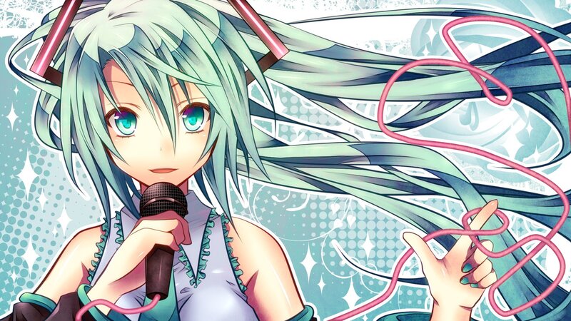 Anime Girl with Microphone — Blue, Energetic, Digital Art, Long Hair