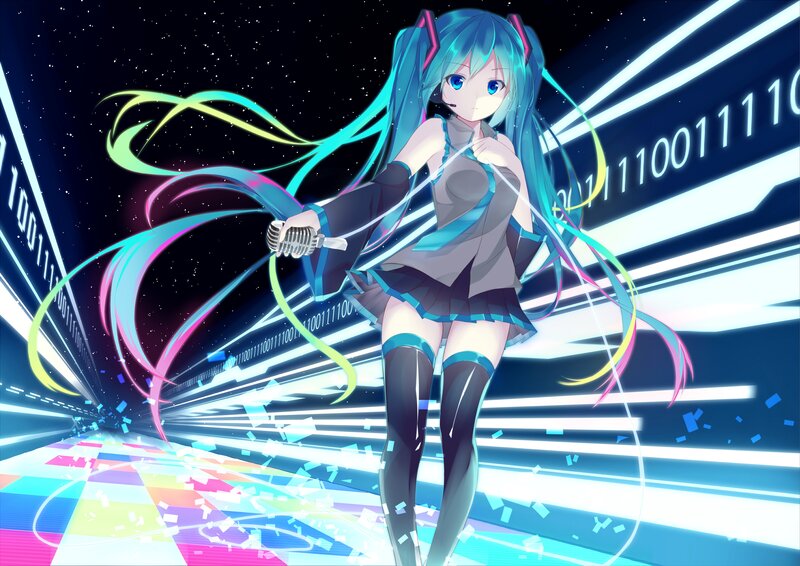 Anime Girl with Microphone — Blue, Energetic, Night