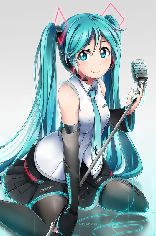 Anime Girl with Microphone — Cyan, Cheerful
