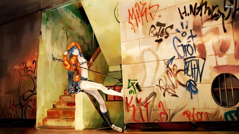 Anime Girl with Microphone — Orange, Dramatic, Digital Art, Graffiti