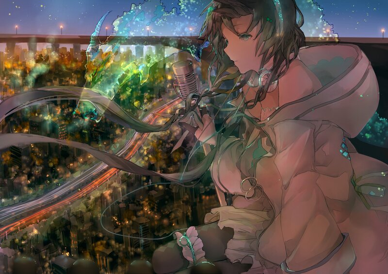 Anime Girl with Microphone — Pink, Dramatic, Night, Digital Art