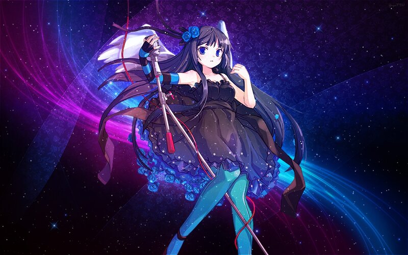 Anime Girl with Microphone — Purple, Dramatic, Night, Digital Art, Flowers, Stars