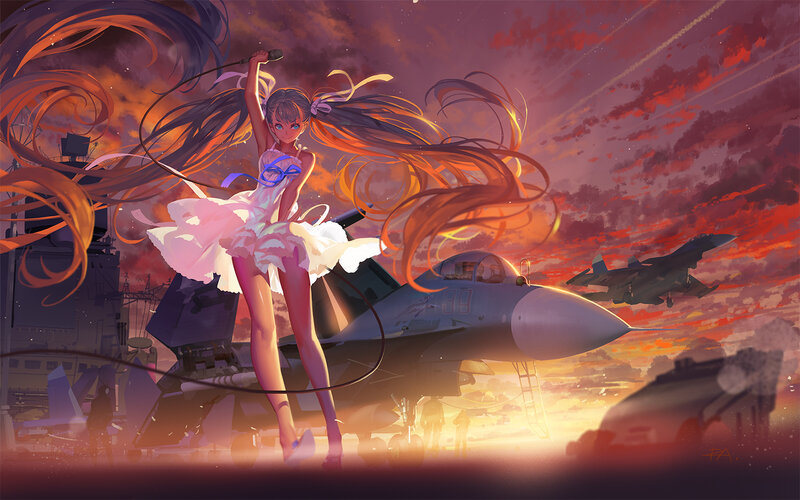 Anime Girl with Microphone — Purple, Dramatic, Sunset, Digital Art