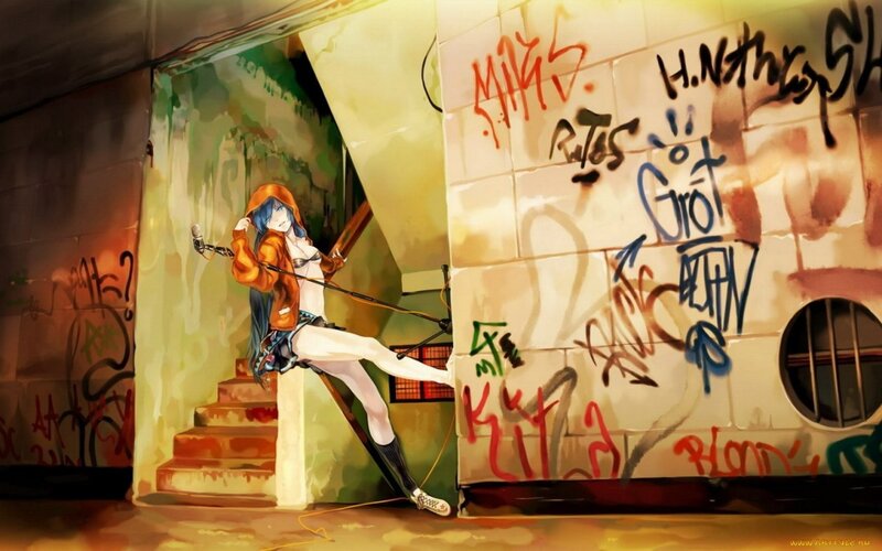 Anime Girl with Microphone — Yellow, Dramatic, Night