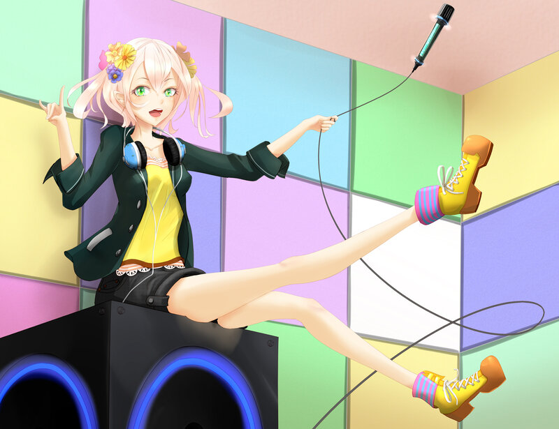 Anime Girl with Microphone — Yellow, Playful