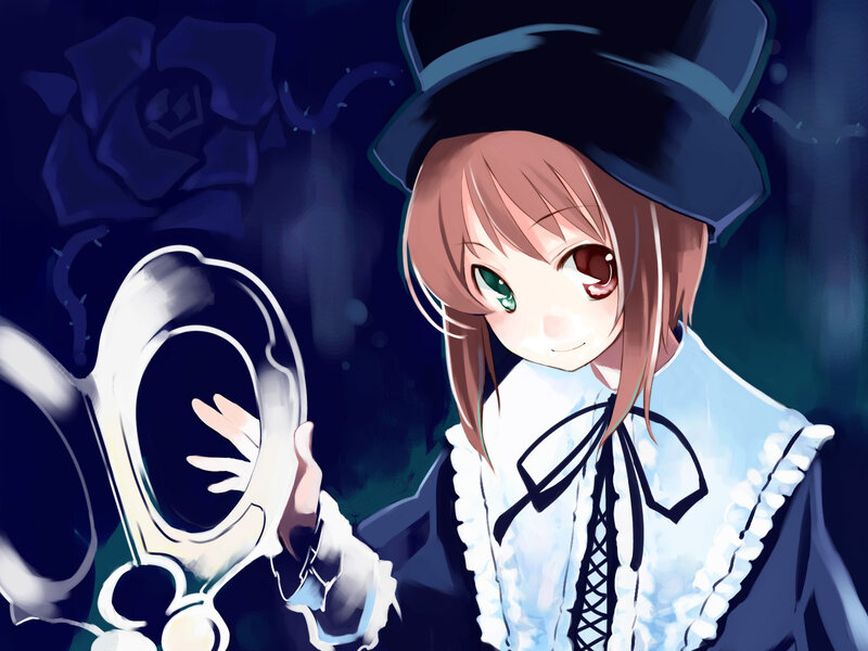 Anime Girl with Mirror — Blue, Mysterious