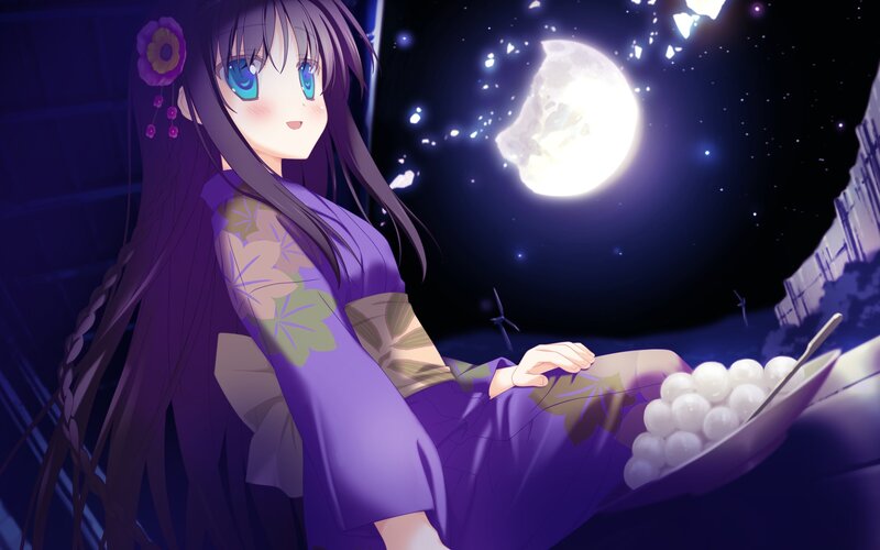 Anime girl with mochi under moonlight