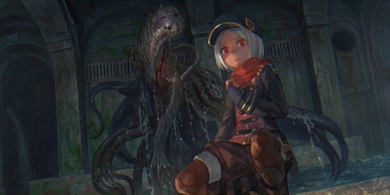 Anime Girl with Monster — Gray