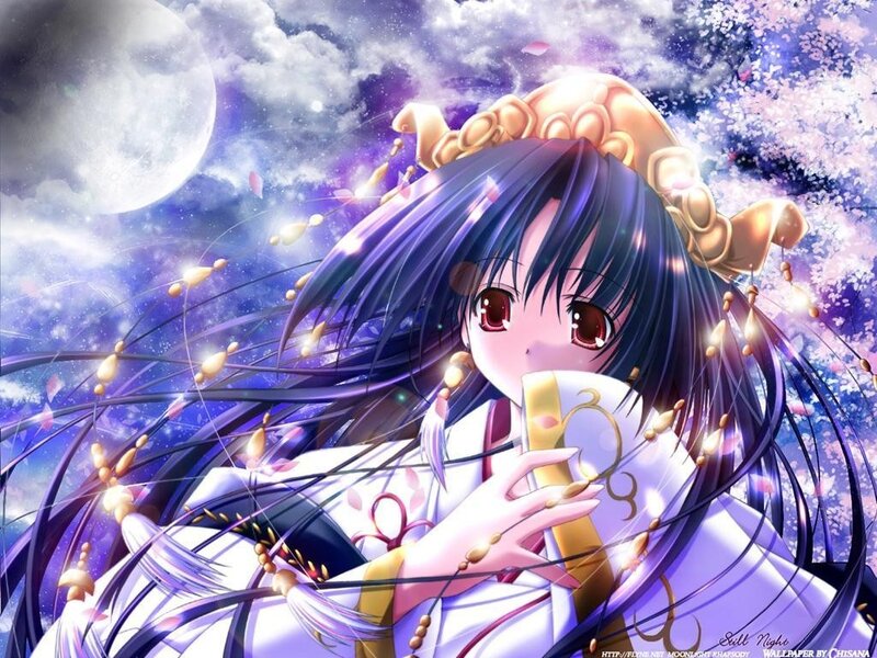 Anime girl with moon and cherry blossoms