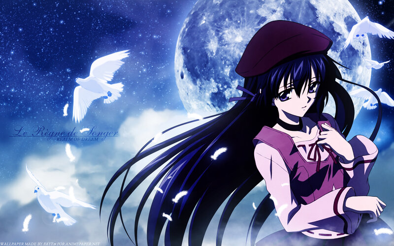 Anime girl with moon and doves