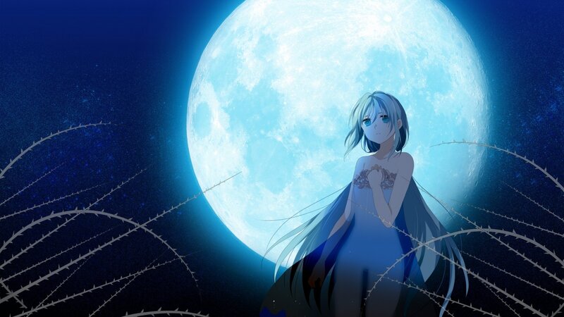 Anime Girl with Moon — Blue, Serene