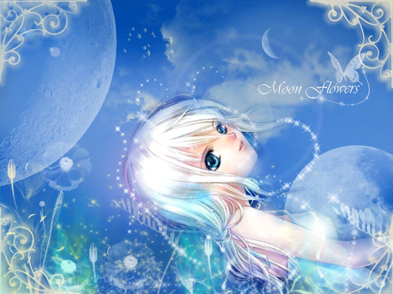 Anime Girl with Moon — Blue