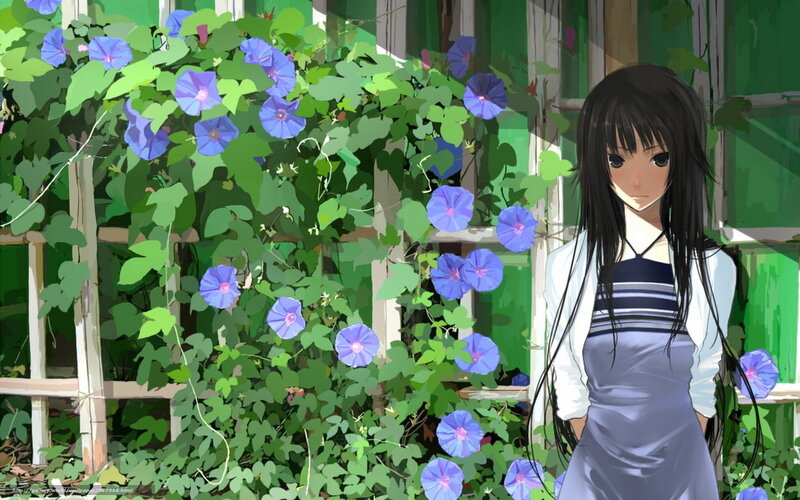 Anime girl with morning glories