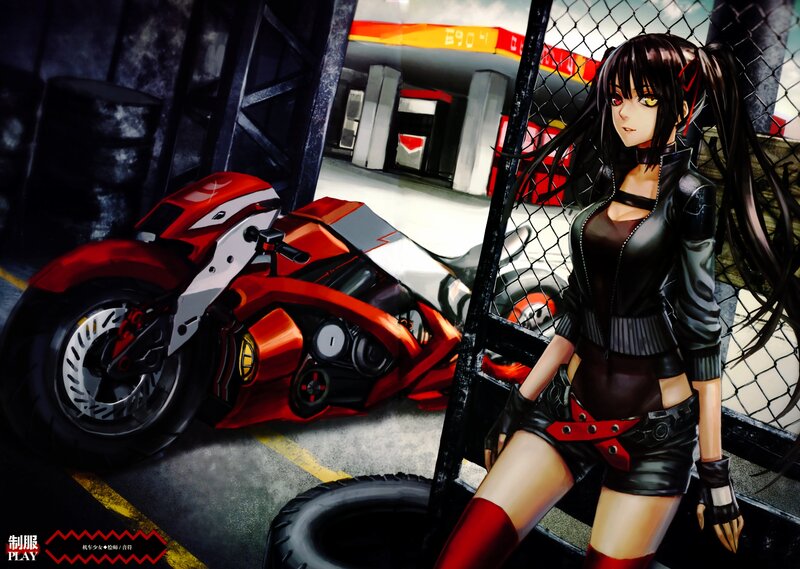 Anime Girl with Motorcycle — Black, Dramatic, Night, Manga