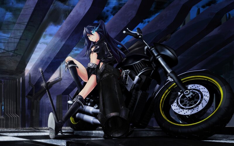 Anime Girl with Motorcycle — Black, Dramatic, Night