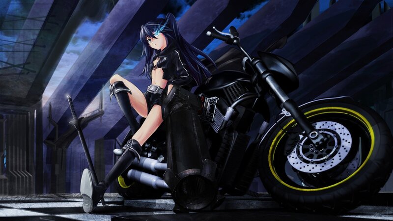 Anime Girl with Motorcycle — Black, Dramatic