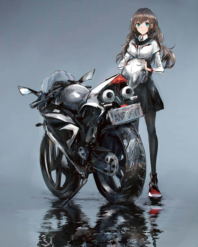 Anime Girl with Motorcycle — Gray, Dramatic