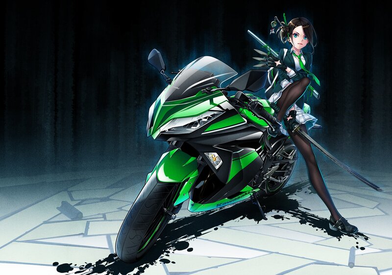 Anime Girl with Motorcycle — Green, Dramatic