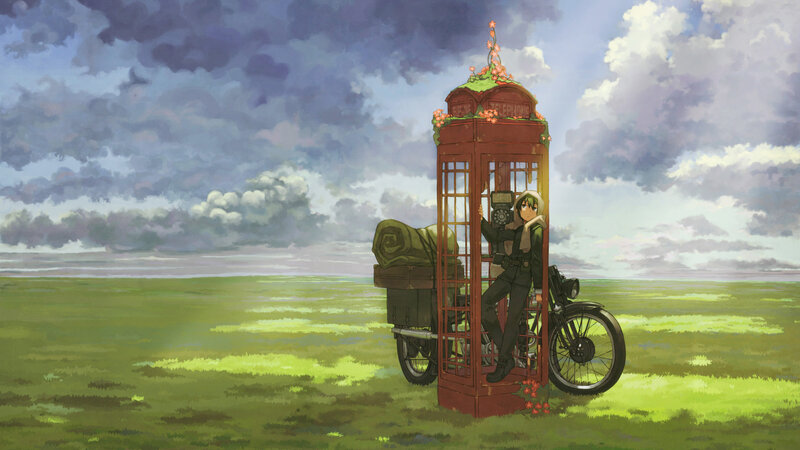 Anime girl with motorcycle in field