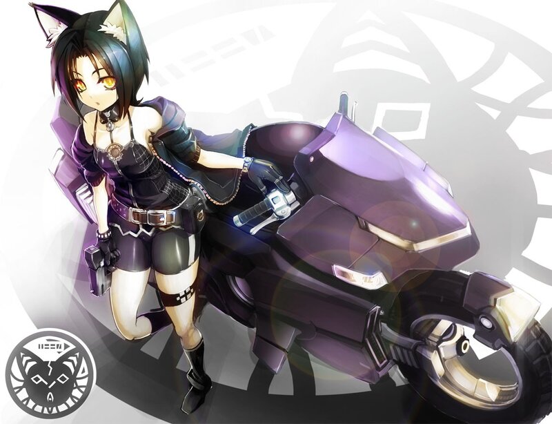 Anime Girl with Motorcycle — Purple, Dramatic, Digital Art