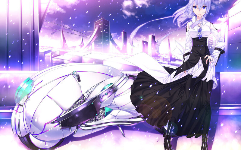 Anime Girl with Motorcycle — Purple, Dramatic, Night