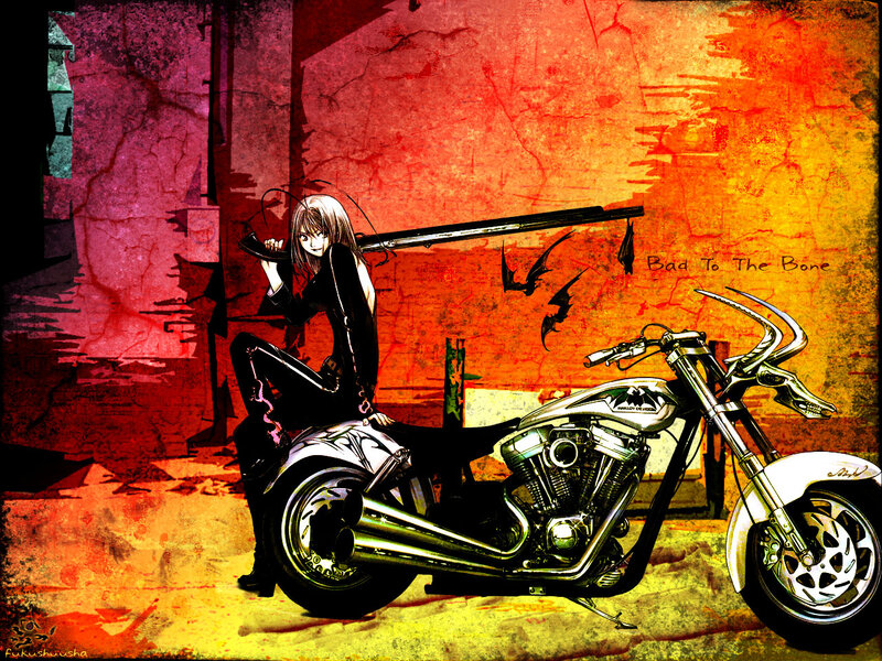 Anime Girl with Motorcycle — Red, Dramatic, Digital Art
