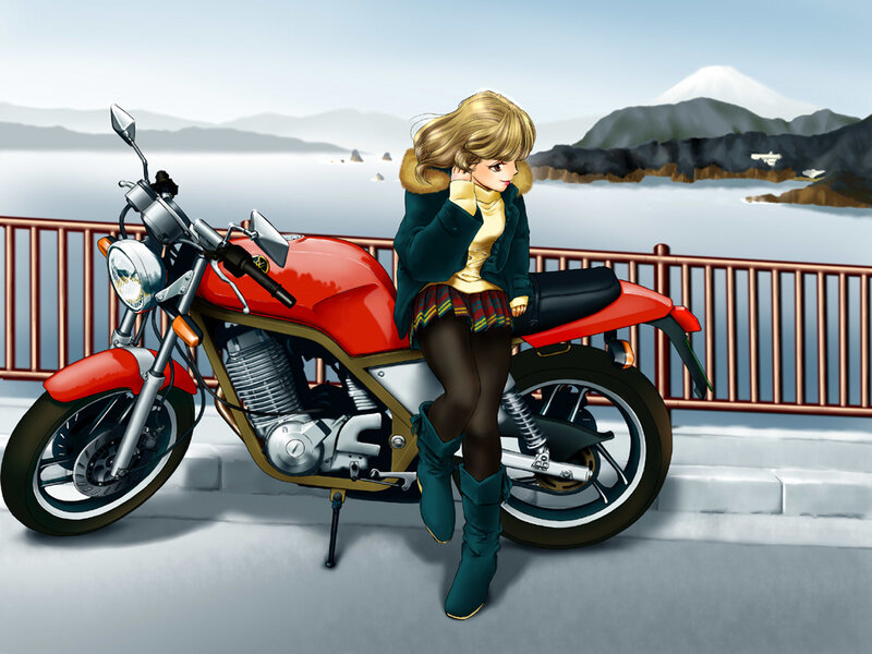 Anime Girl with Motorcycle — Red, Serene