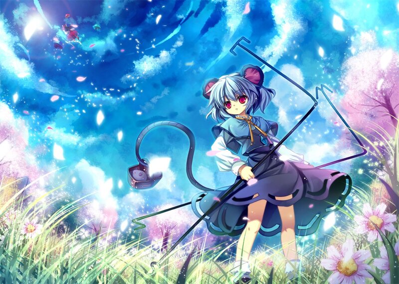 Anime girl with mouse ears in a field