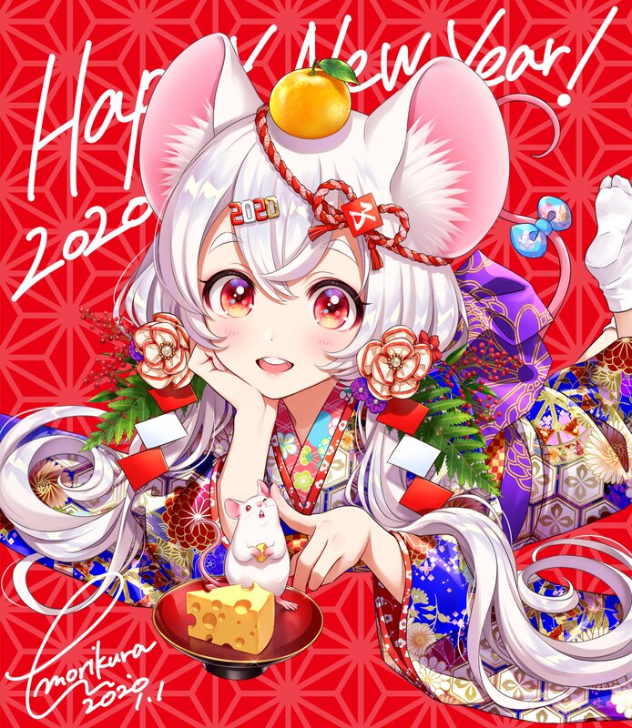 Anime Girl with Mouse Ears — Red, Festive