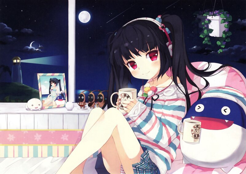 Anime girl with mug at night