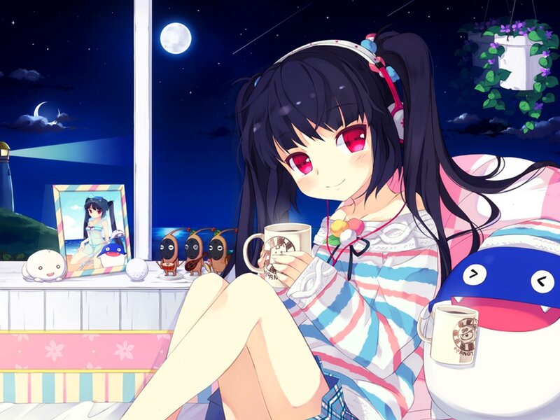Anime Girl with Mug — Blue