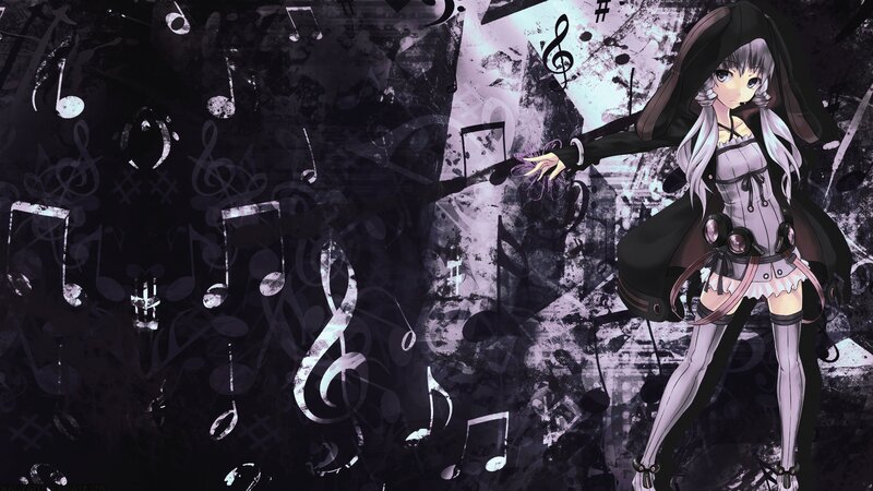 Anime Girl with Music Notes — Black, Dramatic