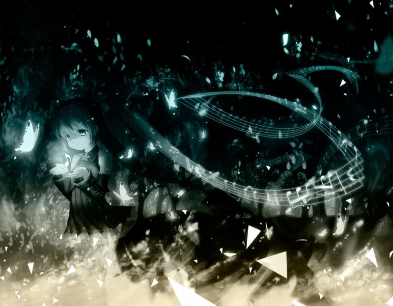 Anime Girl with Music Notes — Black, Dreamy