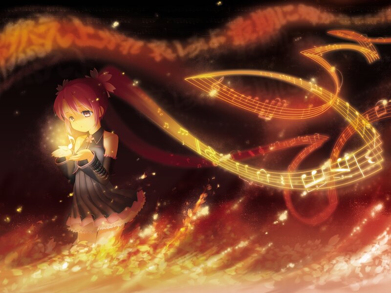 Anime Girl with Music Notes — Red, Dramatic, Night, Digital Art