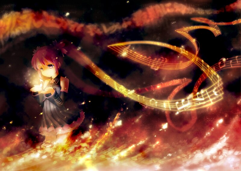 Anime Girl with Music Notes — Red, Dramatic