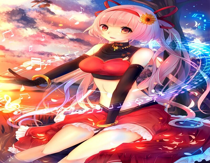 Anime Girl with Music Notes — Red, Dreamy, Sunset