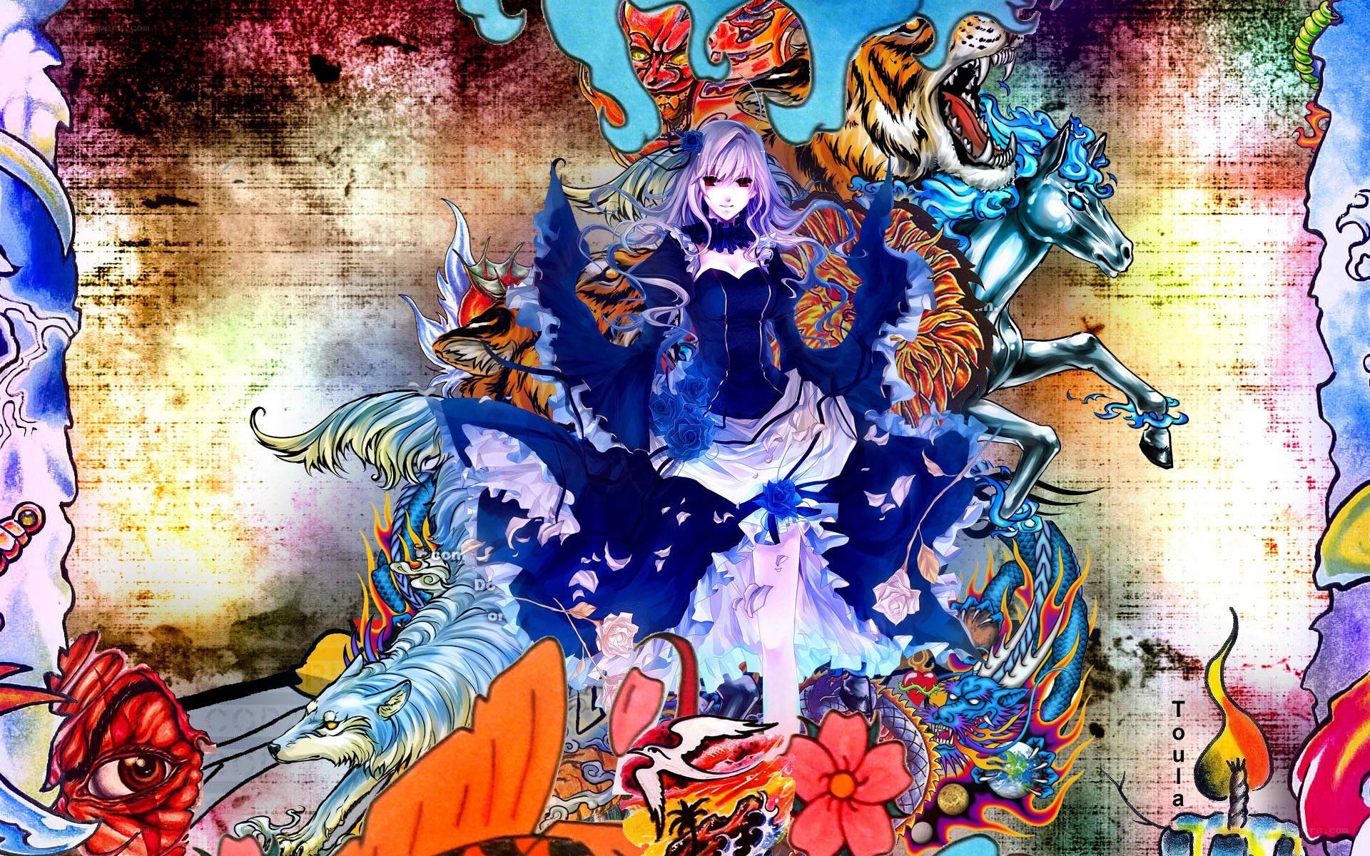 anime girl with mythical creatures