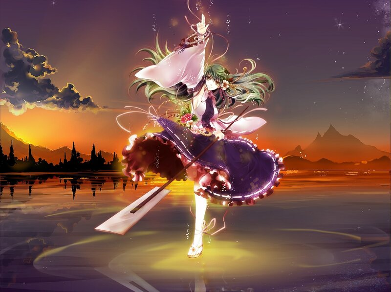 anime girl with oar at sunset