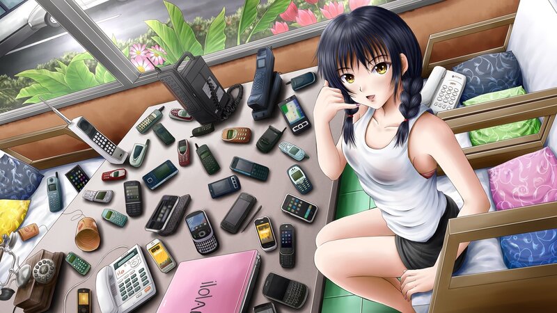 Anime girl with old phones