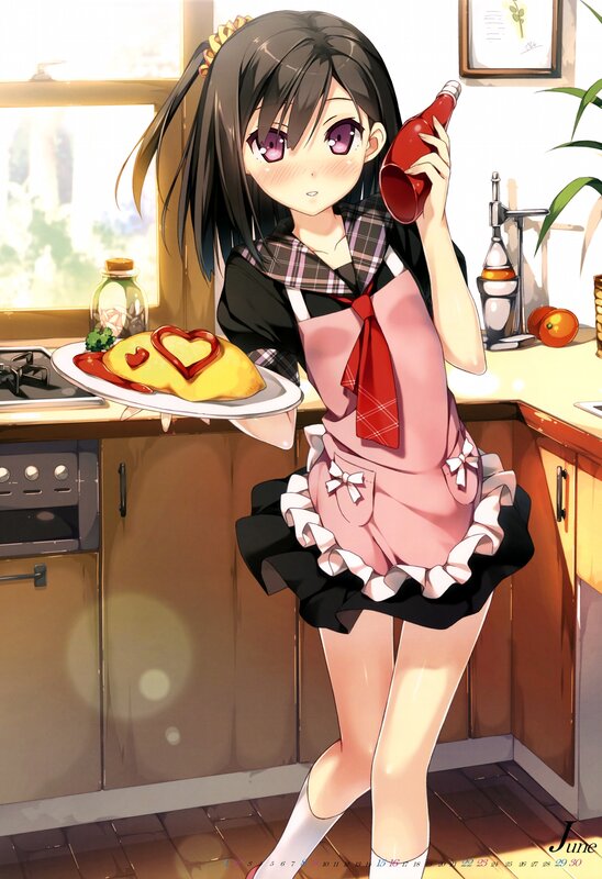 Anime girl with omelet in kitchen
