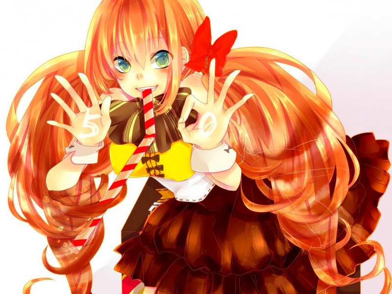 Anime Girl with Orange Hair — Playful, Straw