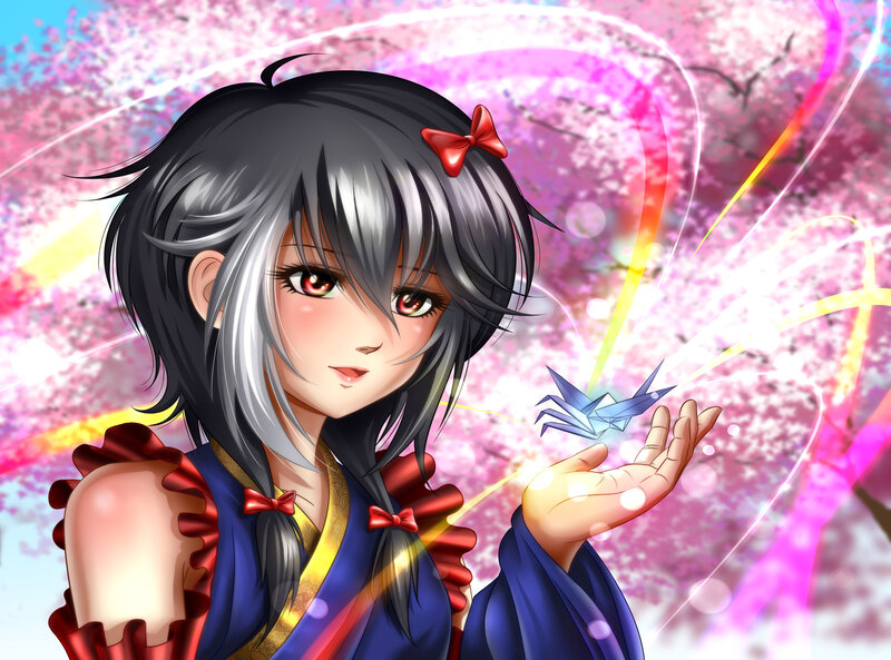 Anime Girl with Origami Crane — Blue