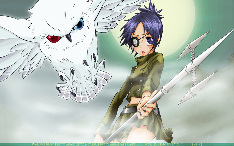 anime girl with owl and spear