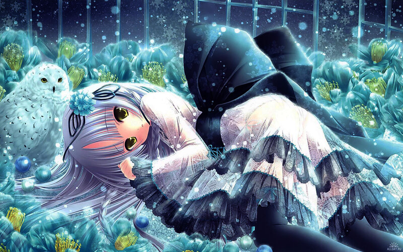 Anime Girl with Owl — Blue, Dreamy