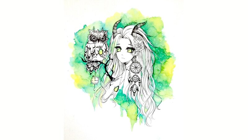 Anime Girl with Owl — Green