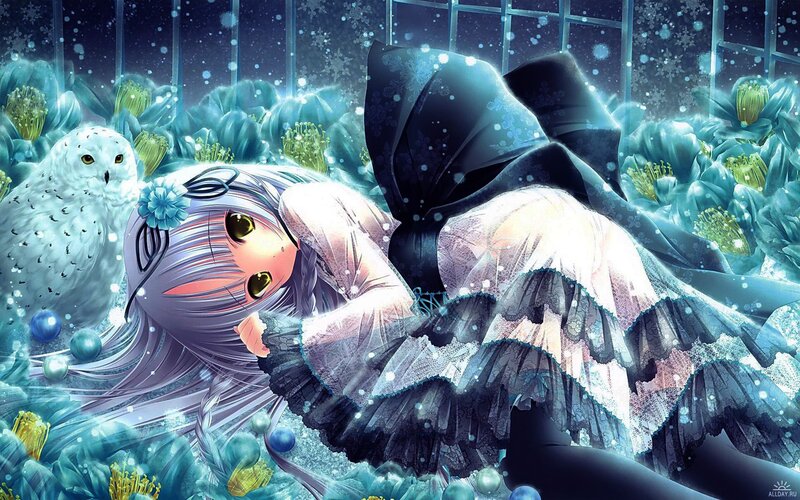 Anime girl with owl in snow